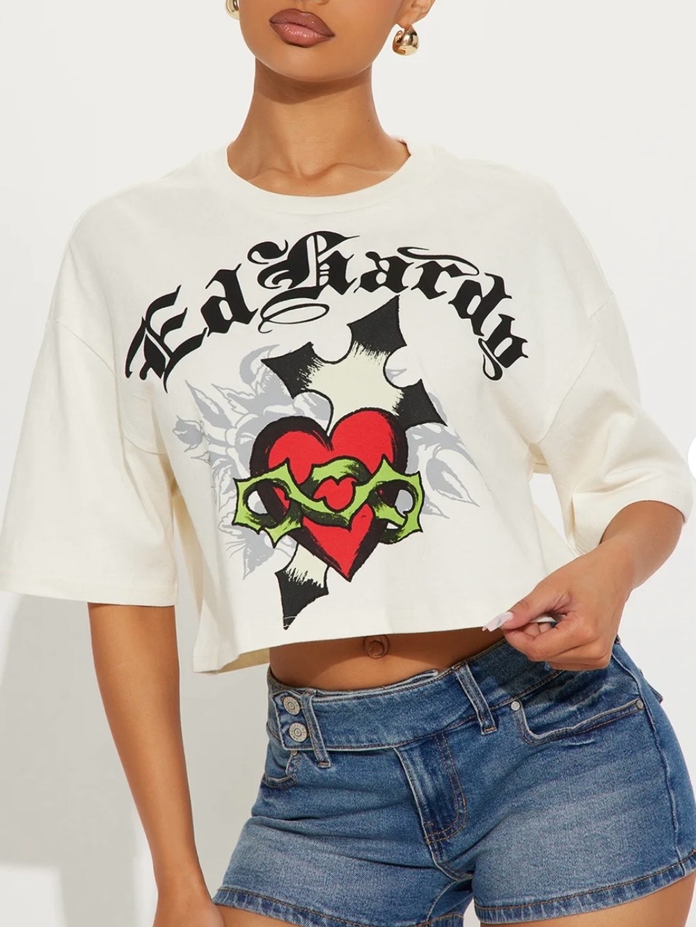 Ed Hardy Black Tattoo-Print Joggers with White Cropped Logo Tee - Picture 3 of 10